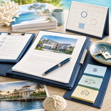 Planificación de una transacción inmobiliaria con documentos, calendario, llaves y lista de verificación para el cierre