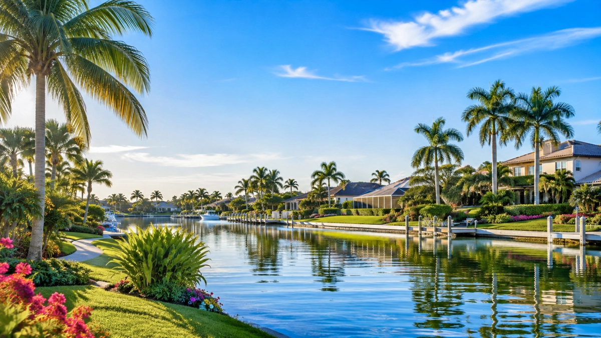 Comunidad residencial frente al agua en el suroeste de Florida con palmeras y viviendas