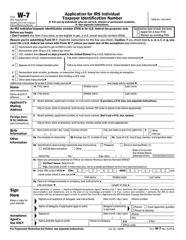 IRS Form W 7 Application for IRS Individual Taxpayer Identification Number