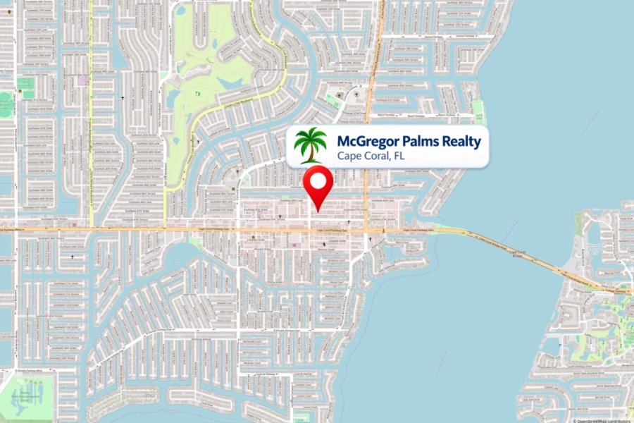 Mapa que muestra la ubicación de McGregor Palms Realty en Cape Coral, Florida