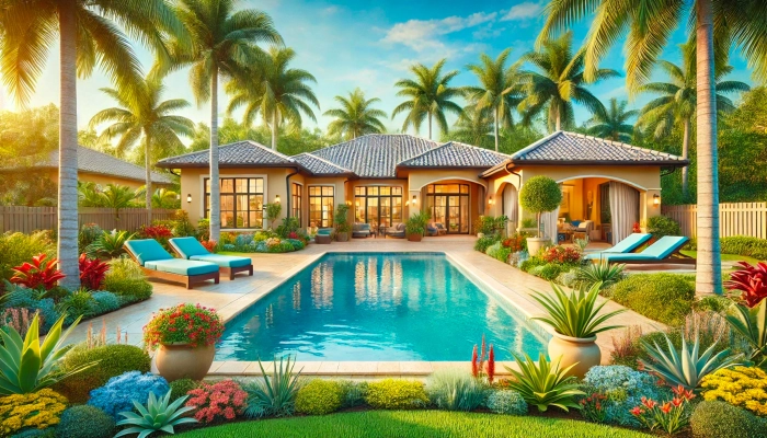 Single-story Florida pool home with tropical landscaping, palm trees, and a large pool surrounded by lounge chairs and vibrant plants.