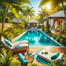 Serene backyard pool surrounded by tropical landscaping in a luxurious Florida home with cozy seating and palm trees.