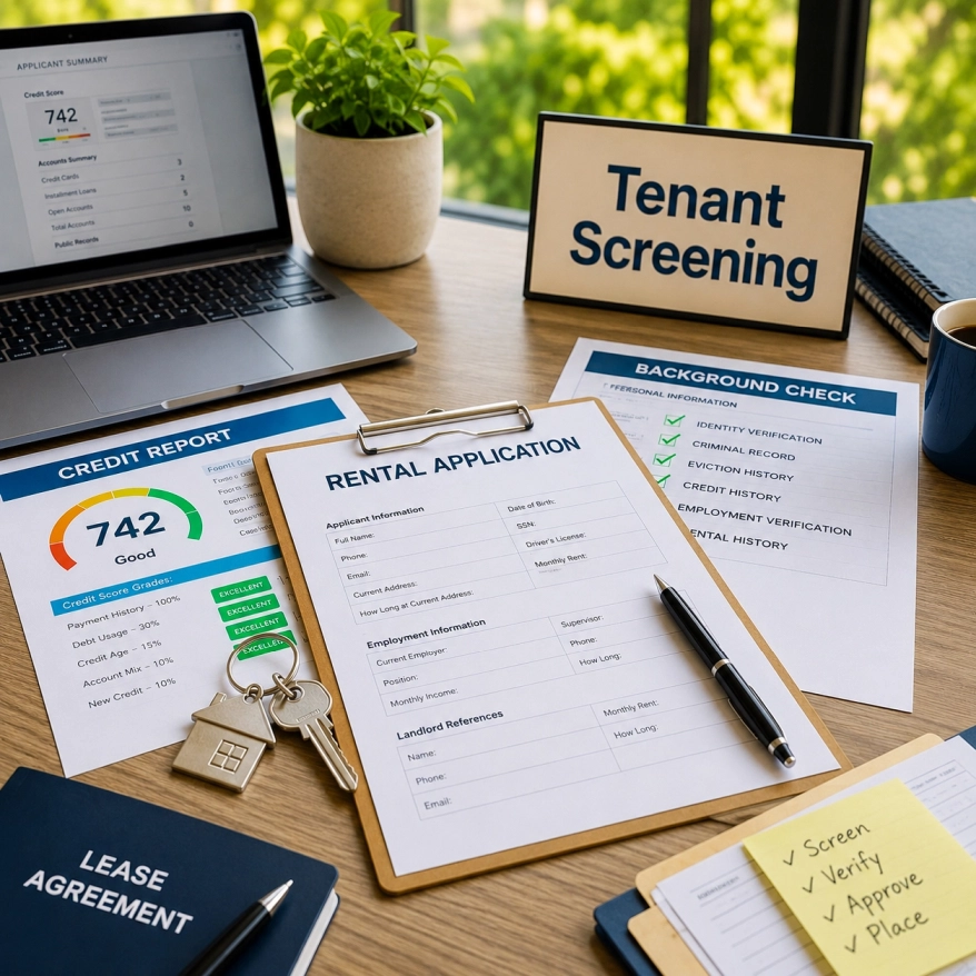 Mieterprüfung für Mietimmobilien Unterlagen zur Mieterprüfung mit Mietantrag, Bonitätsprüfung, Kreditauskunft, Hintergrundprüfung, Mietvertrag und Hausschlüsseln