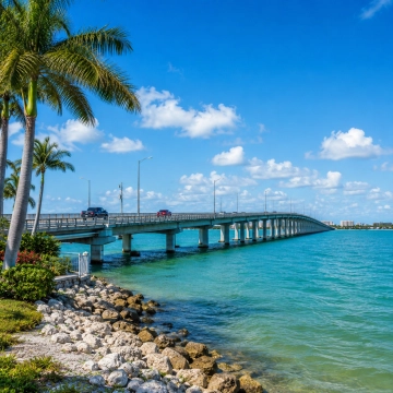 Iona and Punta Rassa Fort Myers Coastal waterfront view with palm trees and bridge near Iona and Punta Rassa in Fort Myers