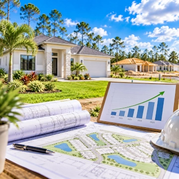 Blueprints and a growth chart with newly built homes in the background, representing new construction and residential growth in Lehigh Acres