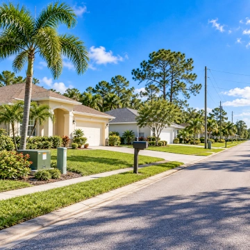 Residential street in Lehigh Acres with homes and utility infrastructure, representing water, sewer, well, and septic considerations