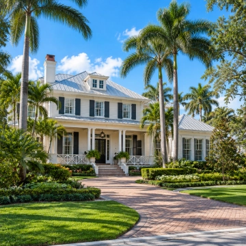McGregor Fort Myers Single-Family Homes Elegant single-family home with palm trees and tropical landscaping in the McGregor area of Fort Myers