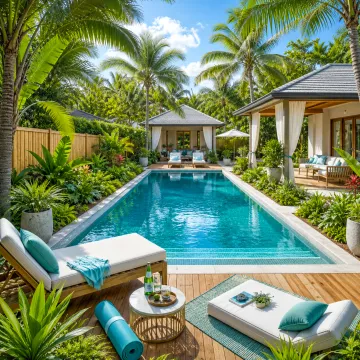 Serene backyard pool surrounded by tropical landscaping in a Florida home