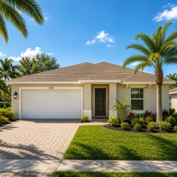 San Carlos Park Fort Myers Homes Single-story Florida home with palm trees and landscaped yard representing San Carlos Park