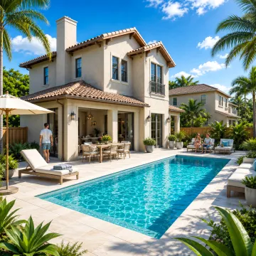 Florida home with a private backyard pool and people enjoying the outdoor area