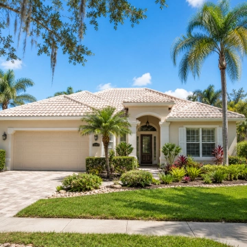 Whiskey Creek Fort Myers Homes Single-family home with tropical landscaping in the Whiskey Creek neighborhood of Fort Myers