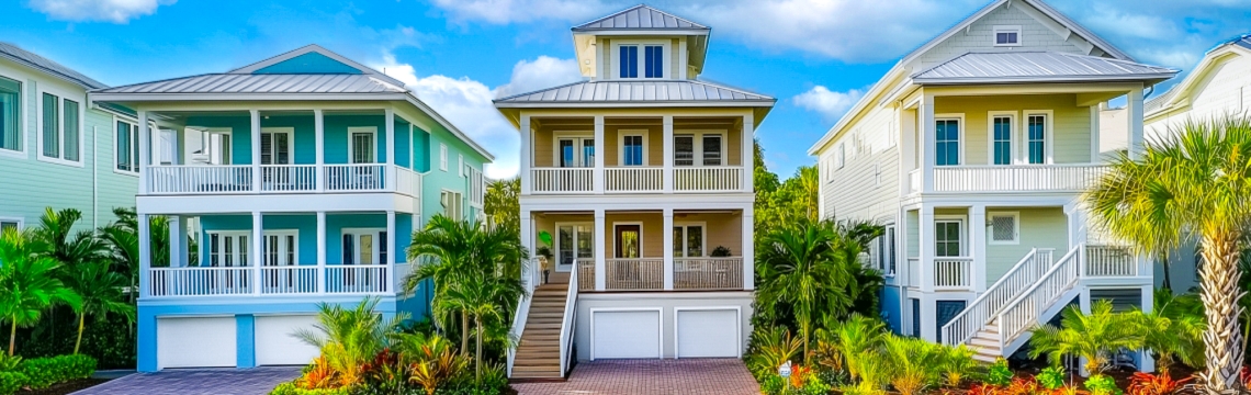 Tres coloridas casas isleñas en el suroeste de Florida.